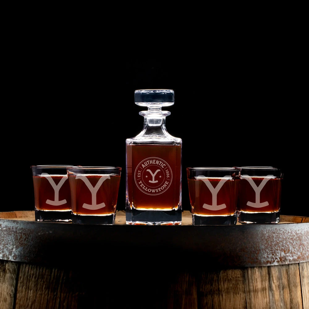 Yellowstone Authentic Y Logo Decanter And Rocks Glass Set 3 Yellowstone Authentic Y Logo Decanter And Rocks Glass Set
