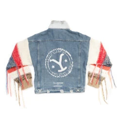 Yellowstone Dutton Ranch Sweater Sleeve Wren + Glory Hand Painted Denim Jacket -Yellowstone Store YS SG Sweater Sleeve Jean Jacket Back Arms Folded Merch 1x1 DSC 7830