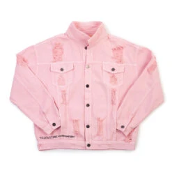 Yellowstone Beth Dutton State Of Mind Wren + Glory Hand Painted Pink Denim Jacket -Yellowstone Store YS WG Beth Dutton Pink Jean Jacket Front Cuffs in Pockets Collar Up Merch 1x1 DSC 7844