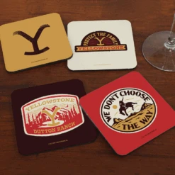 Yellowstone Logos Coasters With Mahogany Holder