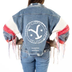 Yellowstone Dutton Ranch Sweater Sleeve Wren + Glory Hand Painted Denim Jacket -Yellowstone Store YSSGSweaterSleeveJeanJacketFemaleMaleBackHandsonHipsMerch1x1DSC 7809 Approved