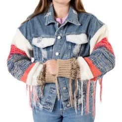 Yellowstone Dutton Ranch Sweater Sleeve Wren + Glory Hand Painted Denim Jacket -Yellowstone Store YSSGSweaterSleeveJeanJacketFemaleModelFrontArmsCrossedMerch1x1DSC 7804 Approved