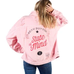 Yellowstone Beth Dutton State Of Mind Wren + Glory Hand Painted Pink Denim Jacket -Yellowstone Store YSWGBethDuttonPinkJeanJacketBackFemaleModelArmUpMerch1x1DSC 7859 Approved