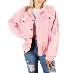 Yellowstone Beth Dutton State Of Mind Wren + Glory Hand Painted Pink Denim Jacket -Yellowstone Store YSWGBethDuttonPinkJeanJacketFrontFemaleModelOneElbowOutMerch1x1DSC 7861 Approved