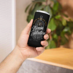 Yellowstone Train Station Can Cooler -Yellowstone Store can cooler white slim 12 oz front 66cd920e1ab41 dabe6835 c7ca 4f2e ac6c aac8eb353890