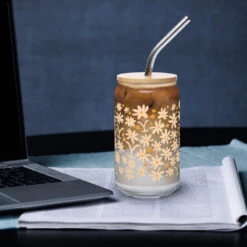 Yellowstone Floral Can Glass With Lid -Yellowstone Store can shaped glass 16 oz 16 oz with lid straw front 66f6a613a67e9