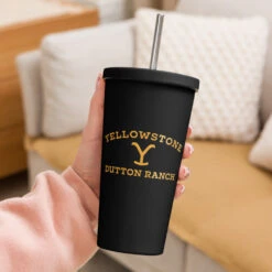 Yellowstone Dutton Ranch Tumbler 12 Yellowstone Dutton Ranch Tumbler -Yellowstone Store insulated tumbler with a straw black 20 oz right 66cd8c7b2782c black