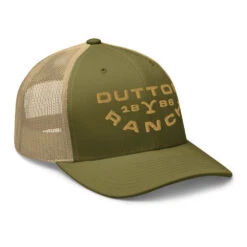 Yellowstone Dutton Ranch Embroidered Trucker Hat -Yellowstone Store retro trucker hat moss khaki right front 673f6d2fa3717