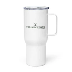 Yellowstone Cowboy Up Badge Tumbler 9 Yellowstone Cowboy Up Badge Tumbler -Yellowstone Store travel mug with a handle white 25 oz left 66696e76c7d6d
