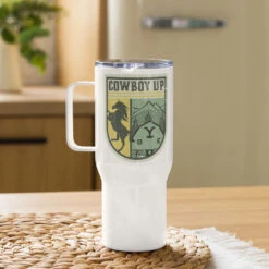 Yellowstone Cowboy Up Badge Tumbler 10 Yellowstone Cowboy Up Badge Tumbler -Yellowstone Store travel mug with a handle white 25 oz right 66696e76c7eee
