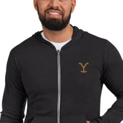 Yellowstone Logo Embroidered Zip Hoodie -Yellowstone Store unisex lightweight zip hoodie charcoal black triblend zoomed in 66603ac357e80