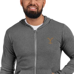 Yellowstone Logo Embroidered Zip Hoodie -Yellowstone Store unisex lightweight zip hoodie grey triblend zoomed in 66603ac35b965
