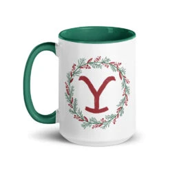 Yellowstone Wreath Two-Tone Mug 11 Yellowstone Wreath Two-Tone Mug -Yellowstone Store white ceramic mug with color inside dark green 15 oz left 68acaa78d7f7a