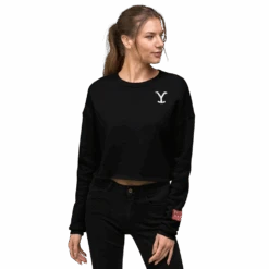 Yellowstone Can't Reason With Evil Women's Fleece Crop Sweatshirt -Yellowstone Store womens cropped sweatshirt black front 618530c389fae